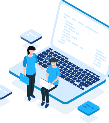 Illustration montrant deux personnes collaborant devant un grand ordinateur portable, symbolisant le travail numérique et le développement informatique