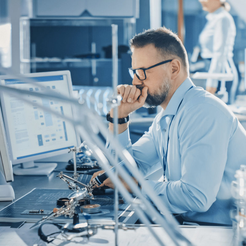 Ingénieur en laboratoire électronique travaillant sur un prototype devant un écran informatique, concentré sur l’analyse et les réglages techniques