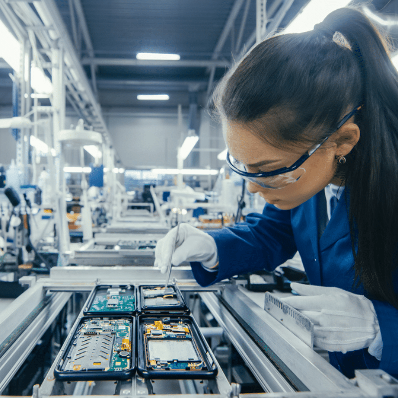 Opératrice en blouse et lunettes de protection assemblant des cartes électroniques sur une ligne de production moderne